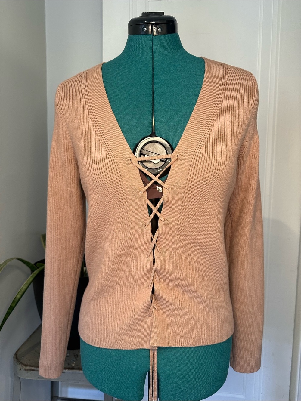Abercrombie & Fitch Lace-Up V-Neck Sweater in Tan